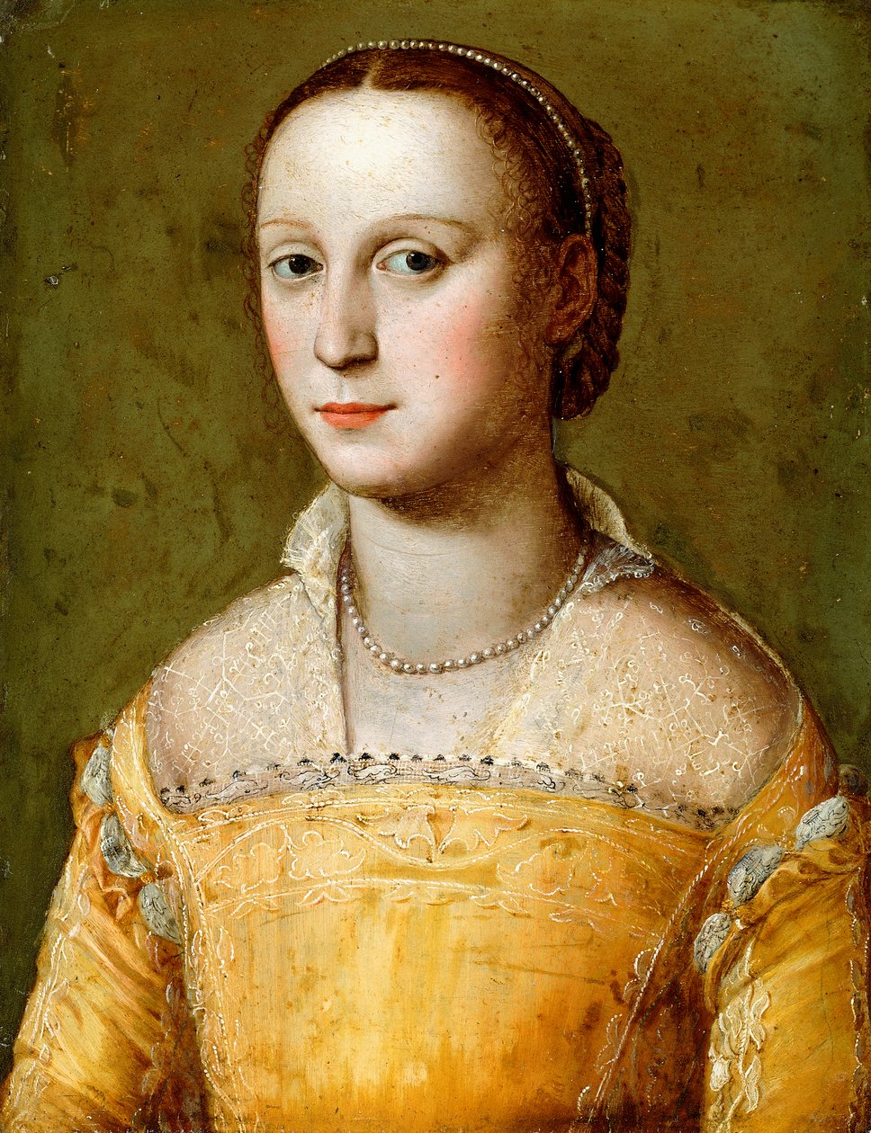 Retrato de Eleanora d "Este, meio comprimento, usando um vestido dourado, de Alessandro Allori