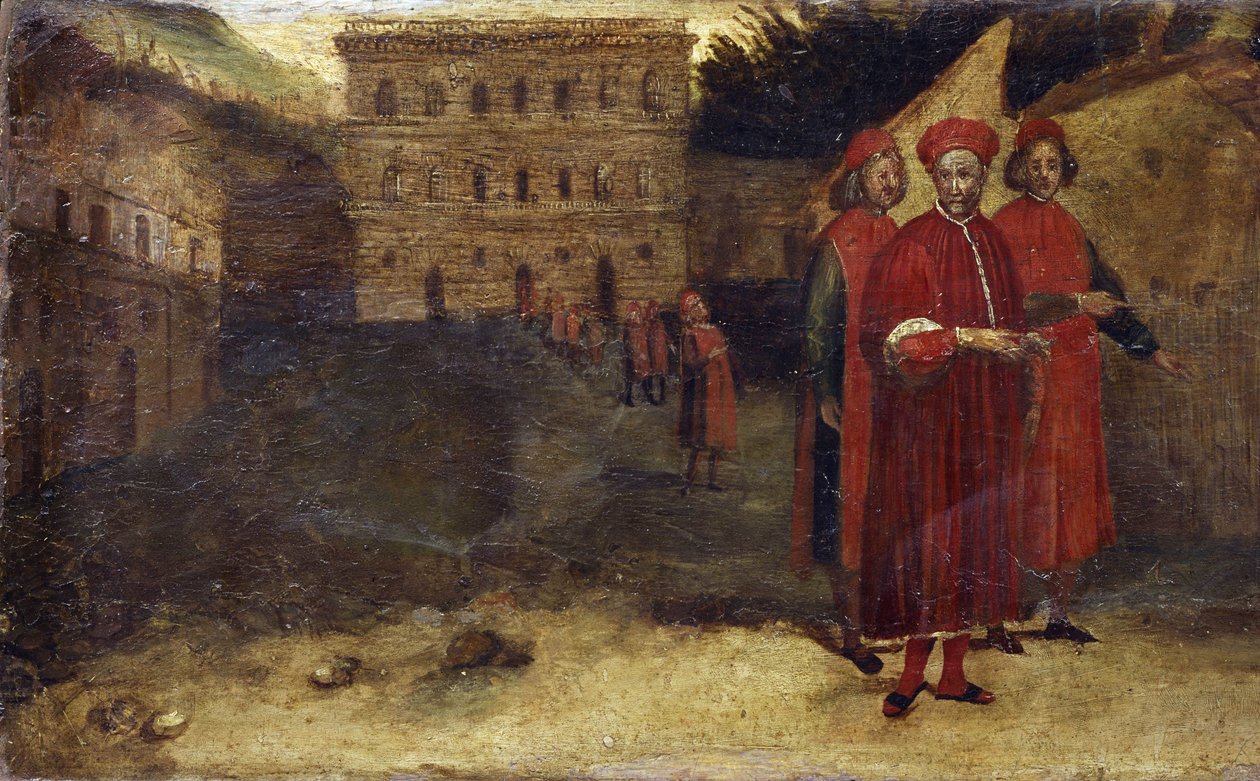 Santos Mártires, pormenor da predela com uma representação do palácio (Palazzo) Pitti em segundo plano. Pintura de Alessandro Allori (1535 - 1607) de Alessandro Allori