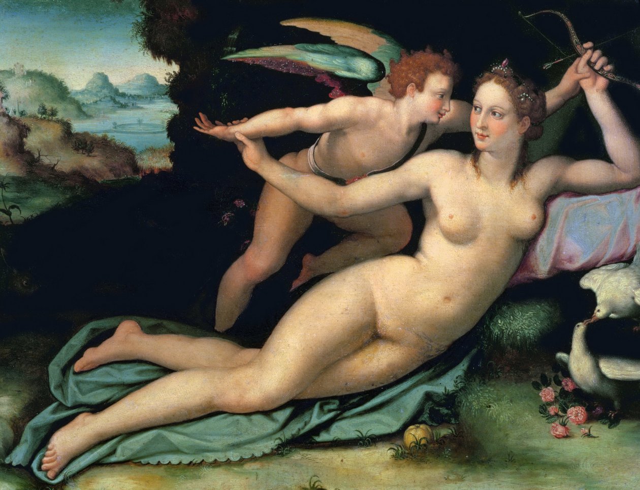 Venus e Amor por Allori, Alessandro (1535-1607). Óleo sobre madeira, Dimensão : 29x38. Galleria degli Uffizi, Florença de Alessandro Allori