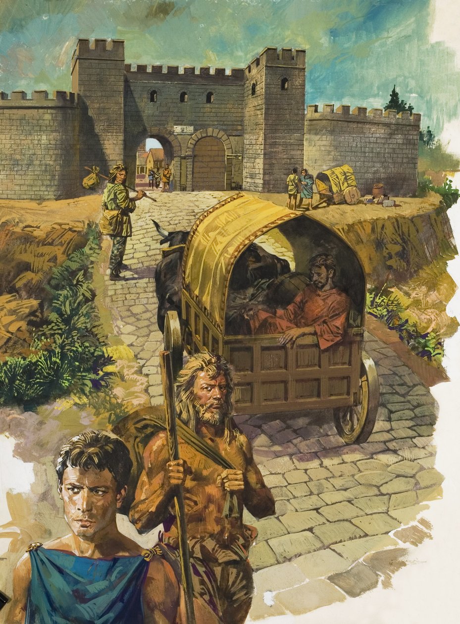 Carroça a entrar numa cidade murada na Bretanha romana (guache sobre papel) de Alessandro Biffignandi