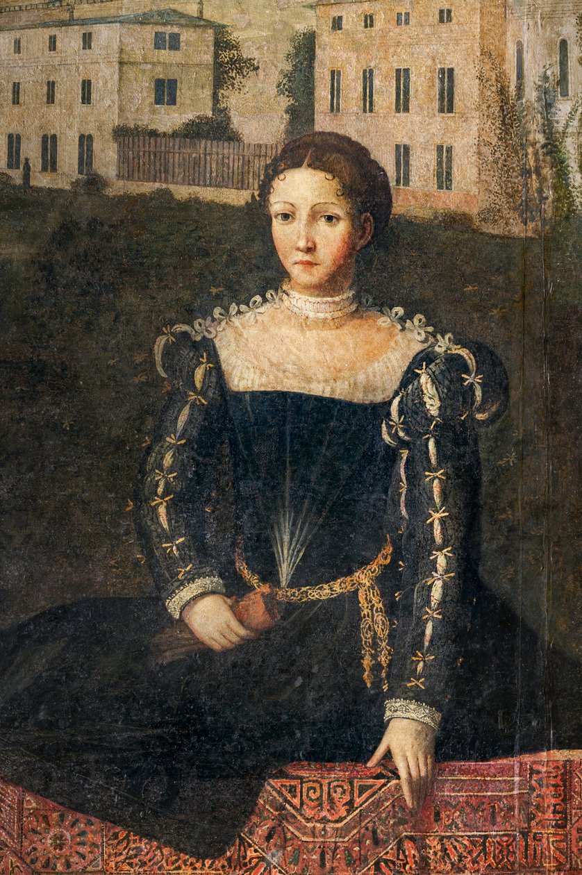 Retrato de uma nobre mulher, detalhe da Pequena Sala das Nobres Senhoras (óleo sobre tela colado nas paredes) de Alessandro Bonvicino Moretto