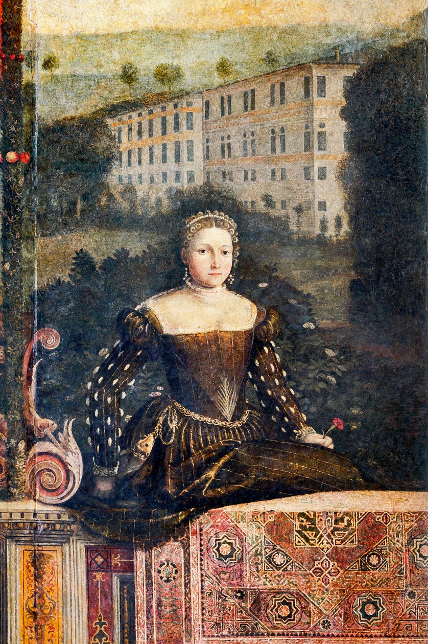 Retrato de uma nobre, detalhe da Pequena Sala das Damas Nobres (óleo sobre tela colado nas paredes) de Alessandro Bonvicino Moretto
