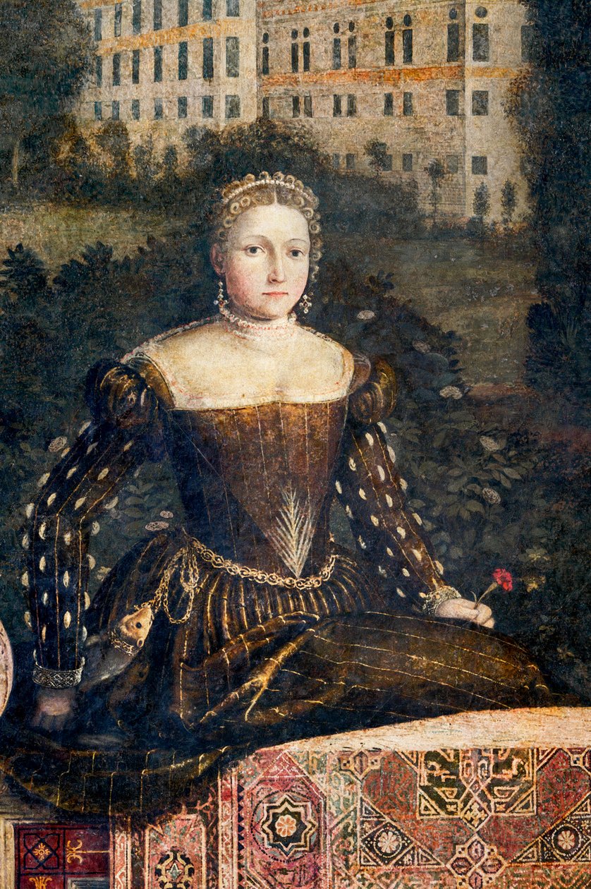 Retrato de uma nobre mulher, detalhe da Pequena Sala das Nobres Senhoras (óleo sobre tela colado nas paredes) de Alessandro Bonvicino Moretto