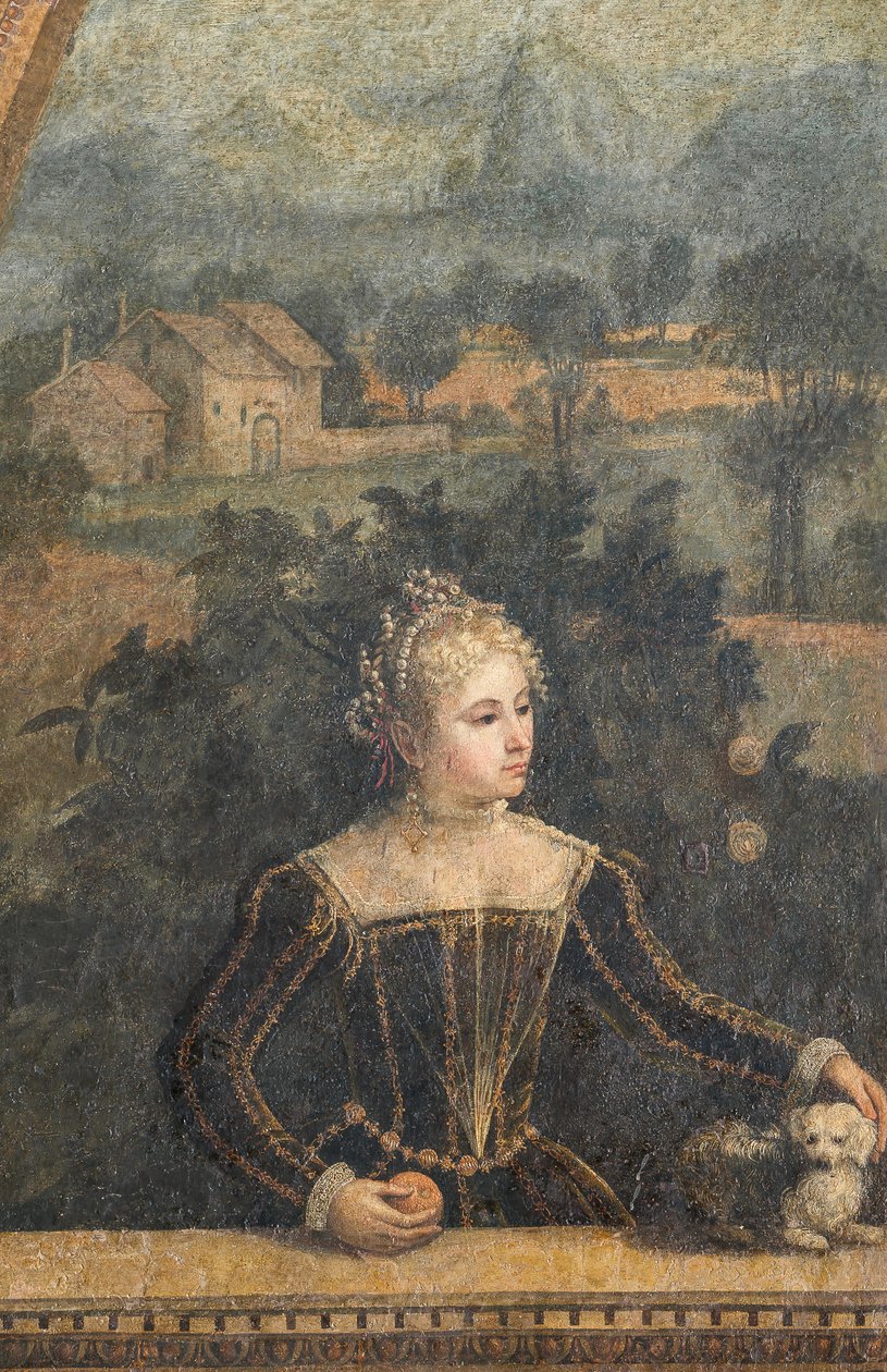 Retrato de uma nobre mulher, detalhe da Pequena Sala das Nobres Senhoras (óleo sobre tela colado nas paredes) de Alessandro Bonvicino Moretto