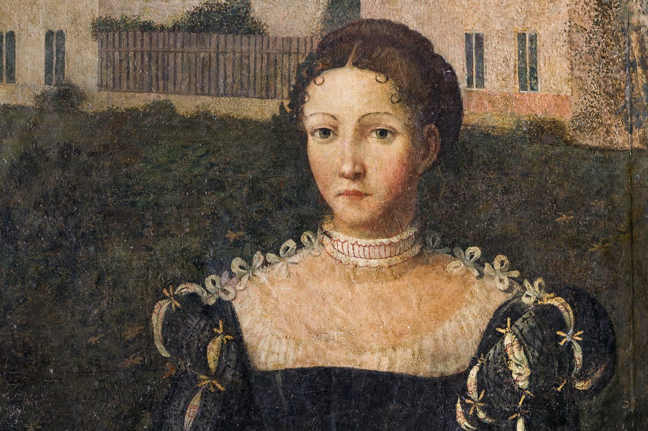 Retrato de uma nobre mulher, detalhe da Pequena Sala das Nobres Senhoras (óleo sobre tela colado nas paredes) de Alessandro Bonvicino Moretto