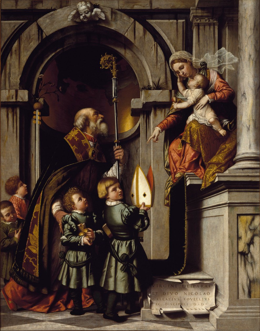 São Nicolau de Myra ou Bari (270-345) apresenta os alunos de Galeazzo Rovelli à Virgem com o menino Jesus no trono Pintura de Alessandro Bonvicino dit il Moretto (1498-1554) Sol do século XVI. 245x192 cm Brescia, Pinacoteca Tosio Martinengo de Alessandro Bonvicino Moretto