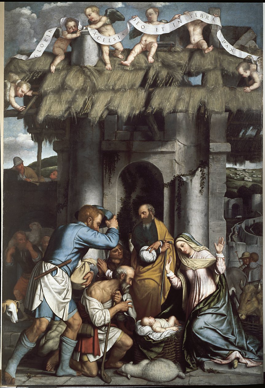 A Adoração dos Pastores. (óleo sobre tela de Alessandro Bonvicino Moretto