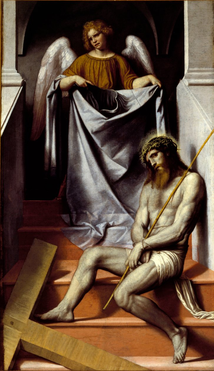 A Paixão de Cristo e o Anjo Cristo cai em sofrimento perto da sua cruz. Pintura de Alessandro Bonvicino dit Il Moretto da Brescia (1498-1554) Sol do século XVI. 209x126 cm Brescia, Pinacoteca Tosio Martinengo de Alessandro Bonvicino Moretto