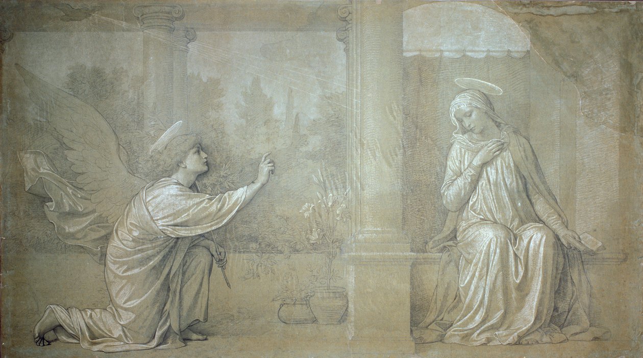 A Anunciação, cartum preparatório para o afresco de Cappella Raffo no cemitério da Misericórdia, Siena de Alessandro Franchi