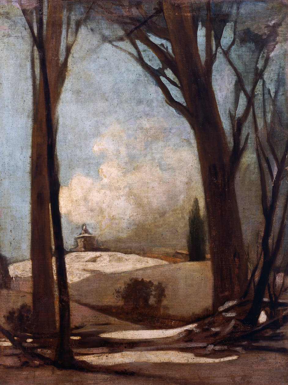 Paisagem de neve com San Luca, pintura de Alessandro Guardassoni (1819-1888), Itália de Alessandro Guardassoni