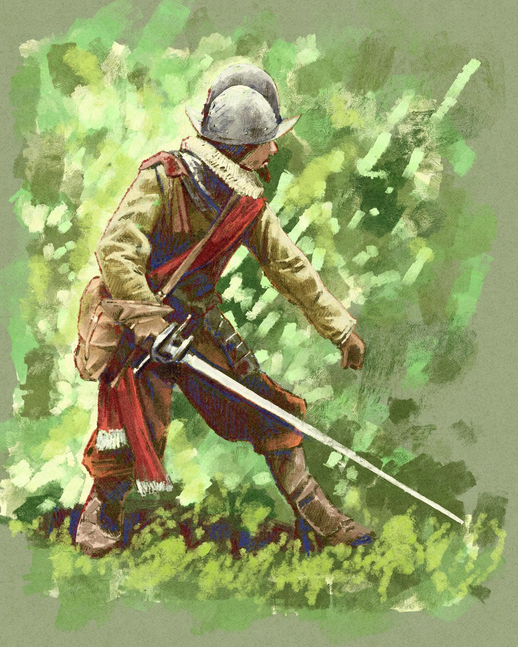 Um soldado conquistador espanhol de 1600s através da selva sul-americana (ilustração) de Alessandro Lonati