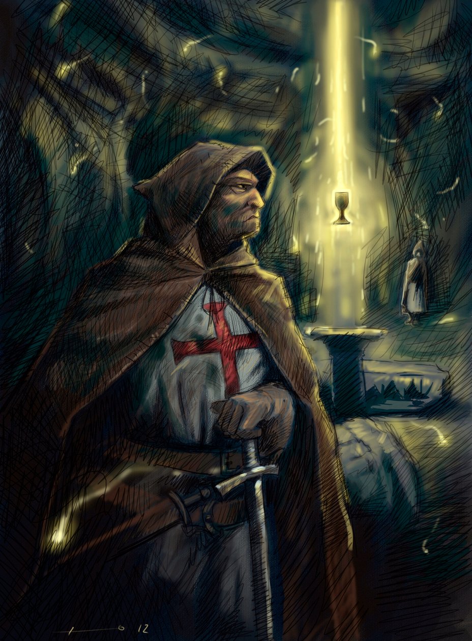 Um cavaleiro da Ordem dos Templários (Templário) atrás de si o cálice do Santo Graal. Ilustração Alessandro Lonati de Alessandro Lonati