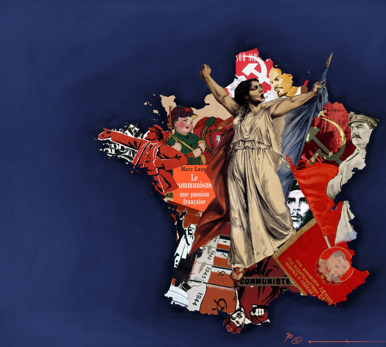 Uma mariana contra um pano de fundo de colagem comunista. Alegoria do comunismo em França. 2010 Desenho a cores de Alessandro Lonati. de Alessandro Lonati