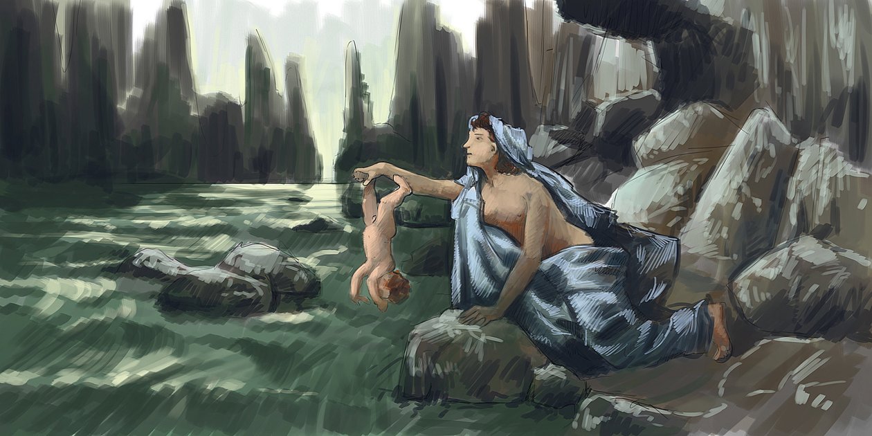 A mãe de Aquiles a mergulhar o seu filho no rio Styx para o tornar invulnerável Desenho Alessandro Lonati 2015 de Alessandro Lonati