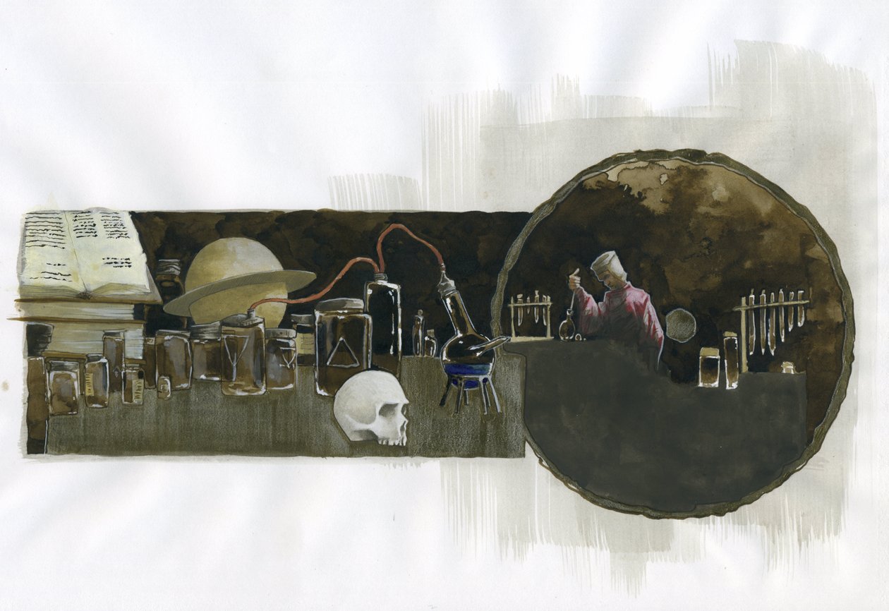 Alquimista no seu laboratório rodeado de frascos e alambiques Ilustração de Alessandro Lonati de Alessandro Lonati