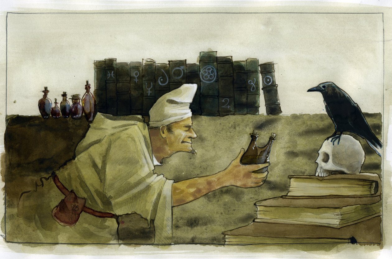 Alquimista no seu laboratório com um corvo, uma caveira Ilustração de Alessandro Lonati de Alessandro Lonati