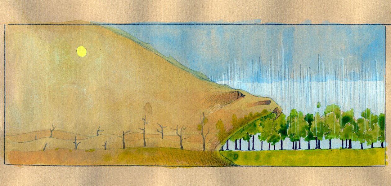Alegoria da desflorestação, uma paisagem de árvores mortas como um monstro devorando a floresta Ilustração de Alessandro Lonati de Alessandro Lonati