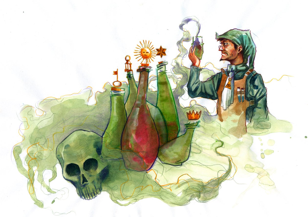 Um alquimista no seu laboratório rodeado de frascos e alambiques examinando o conteúdo de um frasco (alquimista no seu laboratório rodeado de frascos e alambiques) de Alessandro Lonati