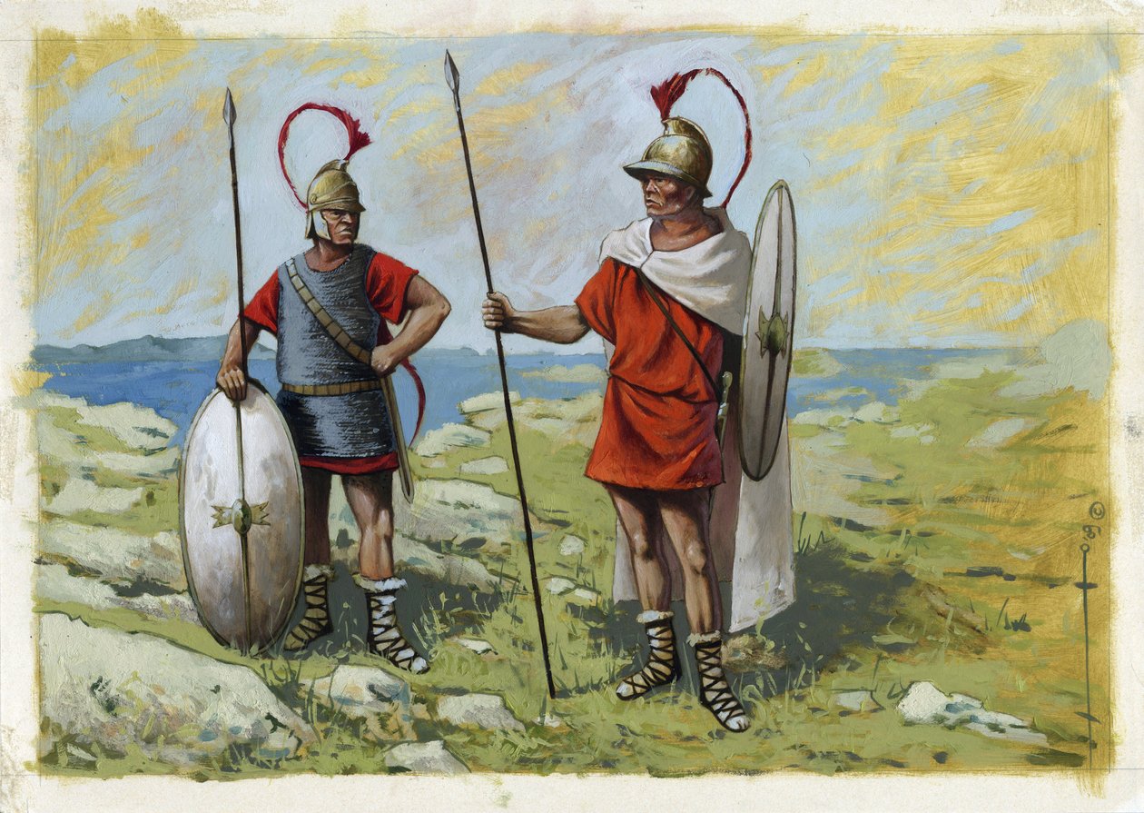 Grécia antiga: tureophore mercenary (Thureophoros ou Thureophoroi) (século III-1º a.C.) (direita) e Thorakitai (Thorakitai) (esquerda). Desenho de Alessandro Lonati de Alessandro Lonati