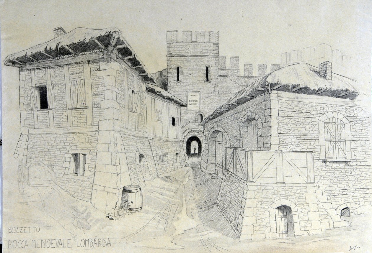 Arquitectura da Idade Média: vista das muralhas de uma cidade lombarda medieval. Esboço a lápis de Alessandro Lonati. de Alessandro Lonati