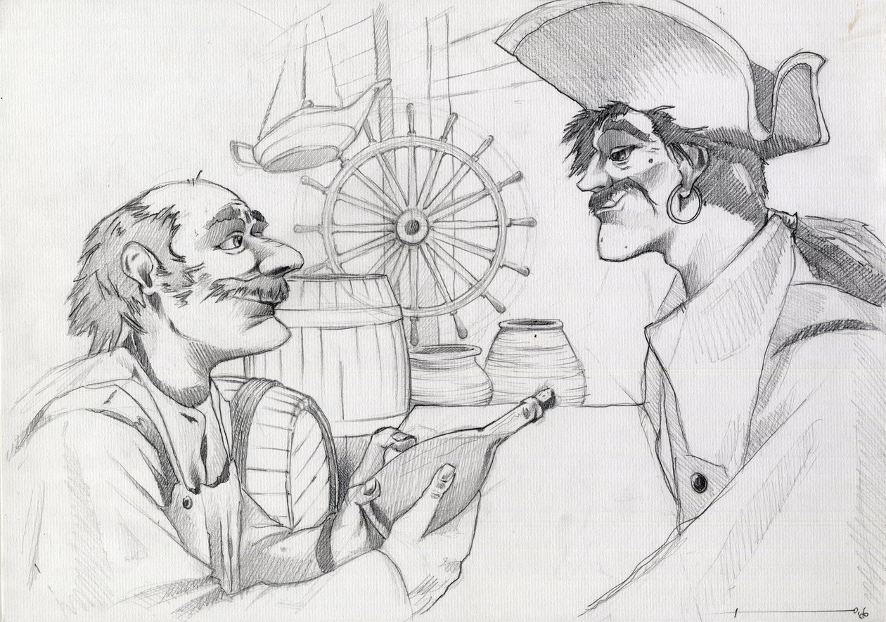 Pirata de Caraibes numa estalagem com uma garrafa. Desenho de Alessandro Lonati. de Alessandro Lonati