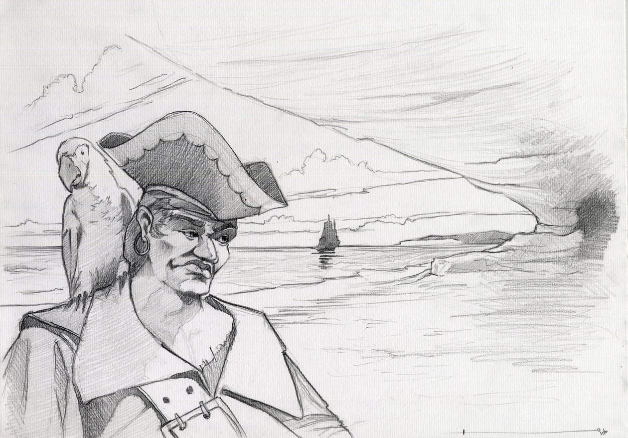 Pirata das Caraíbas com papagaio à procura de um tesouro numa caverna numa praia, com galeão. Desenho de Alessandro Lonati. de Alessandro Lonati