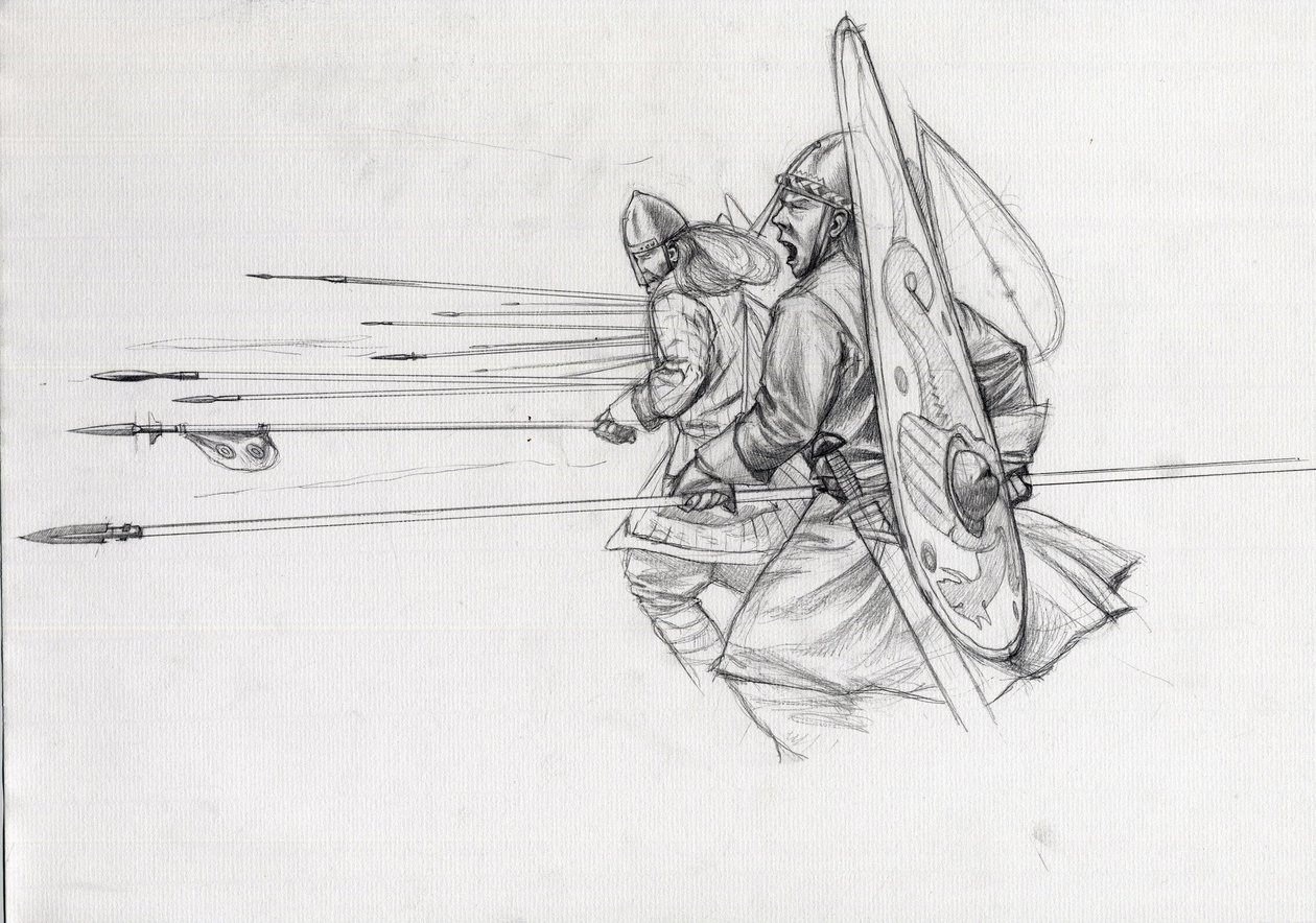 Encargo dos guerreiros normandos da infantaria na Batalha de Hastings em 1066. Desenho de Alessandro Lonati. de Alessandro Lonati