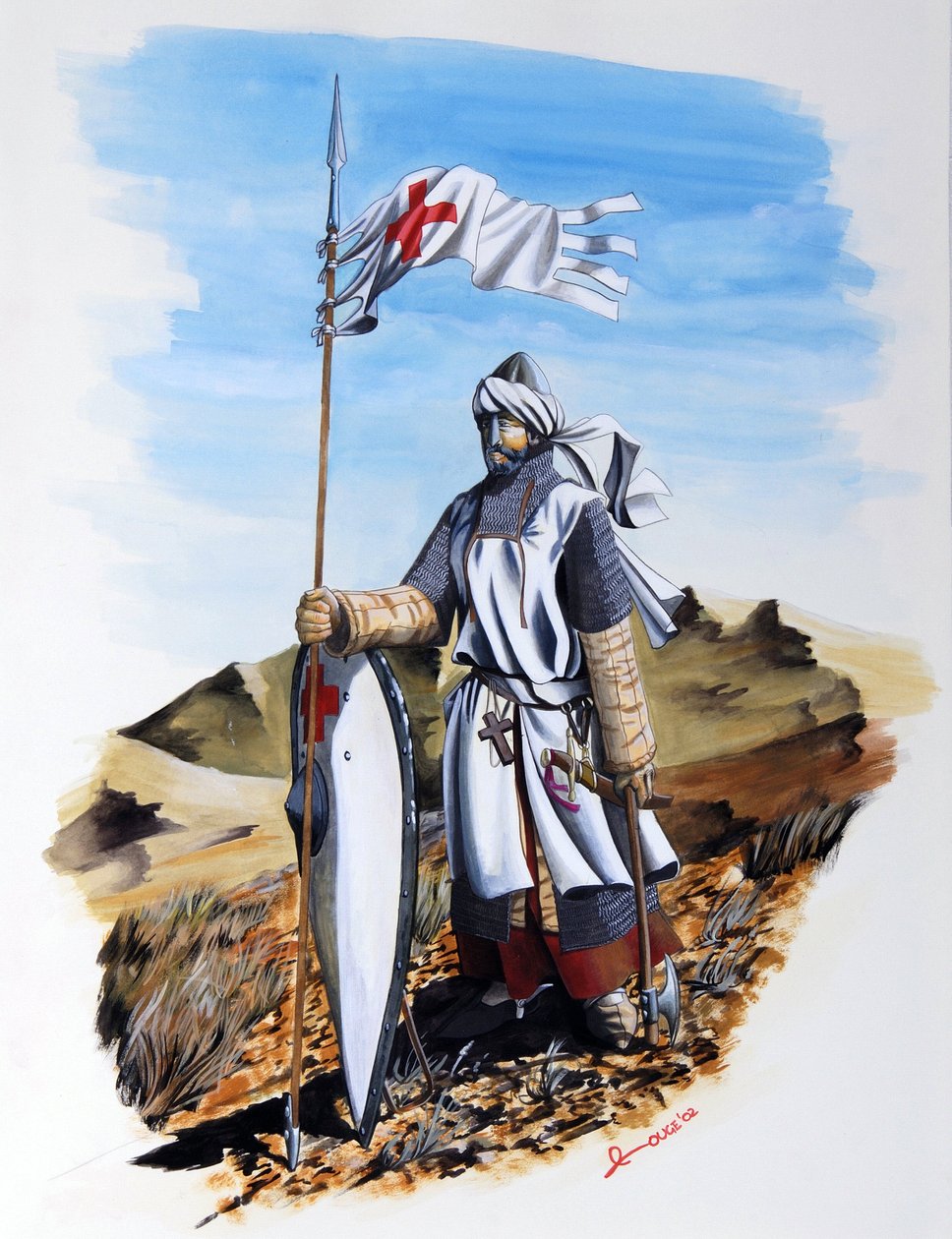 Cruzadas: um cavaleiro da Ordem dos Templários vestindo um casaco branco com a Cruz Vermelha. Ilustração de Alessandro Lonati de Alessandro Lonati