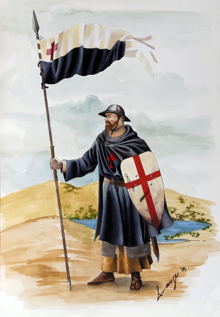 Cruzadas: um cavaleiro da Ordem dos Templários vestindo vestido preto com a Cruz Vermelha. Ilustração de Alessandro Lonati de Alessandro Lonati