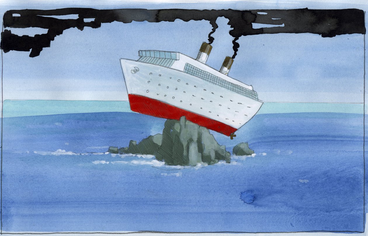 Ecologia: O arco de Noé como um navio de cruzeiro poluente encalhado num recife Ilustração de Alessandro Lonati de Alessandro Lonati