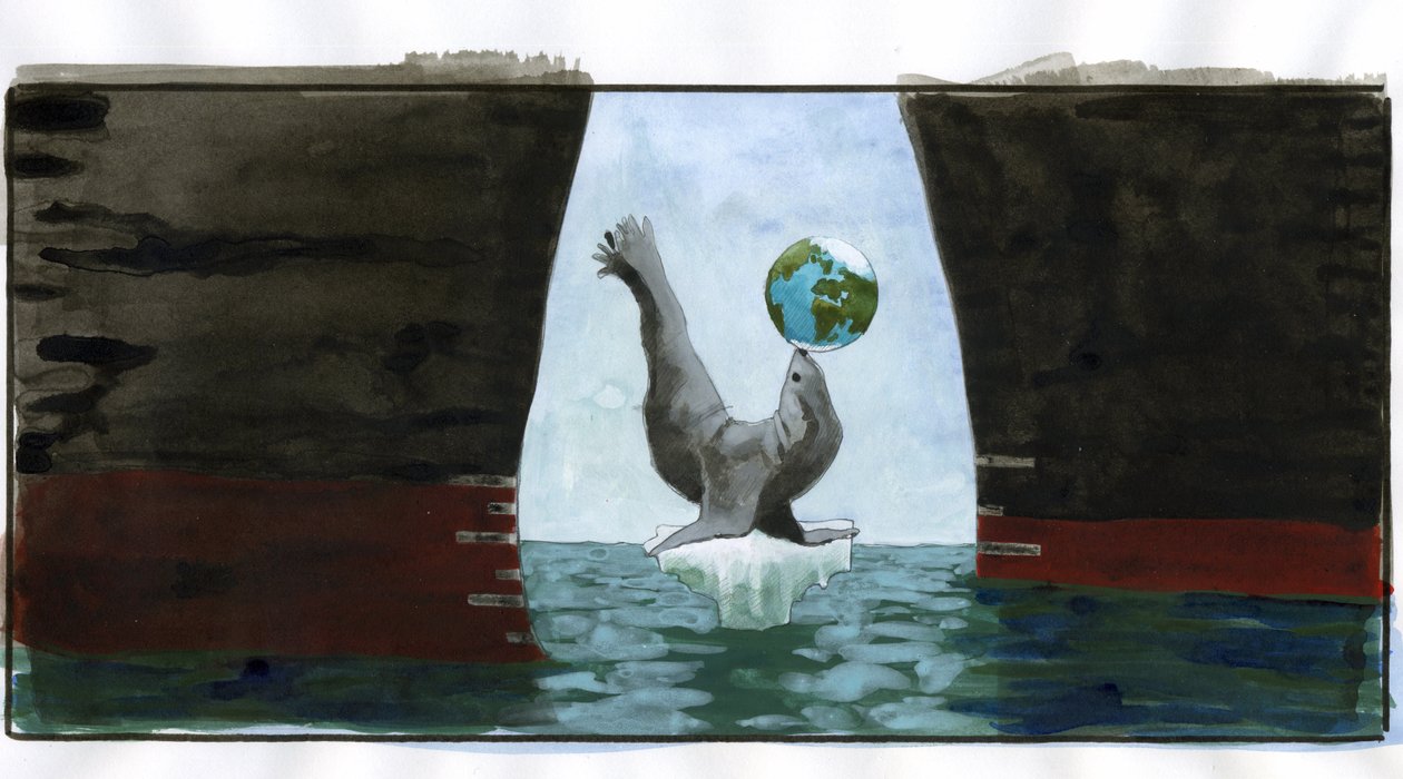 Ecologia e aquecimento climático: o gelo derretido, uma foca a brincar com o planeta no seu focinho, repousa na última pequena ponta do iceberg; à sua volta os cascos dos petroleiros ameaçam-no - alegoria representando o planeta em equilíbrio (Ecologia, av de Alessandro Lonati