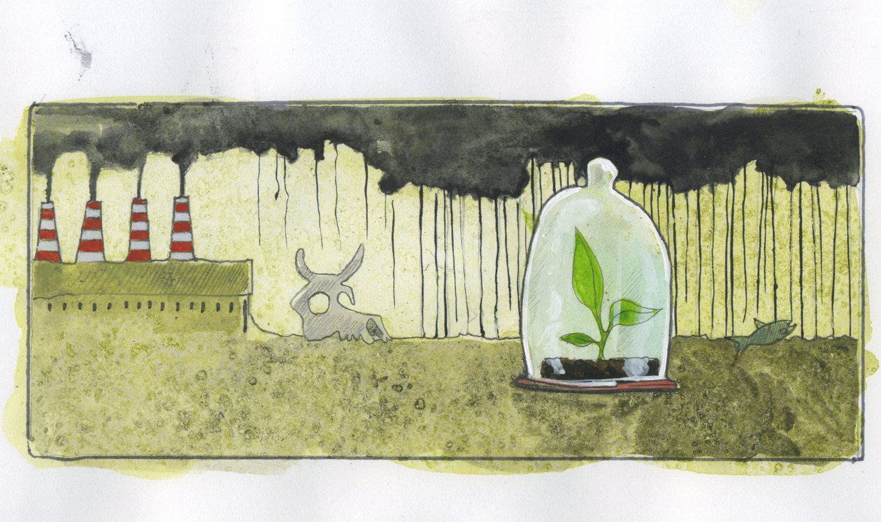 Ecologia, poluição: uma pequena planta verde mantida num sino rodeado por esqueletos de animais, num ambiente contaminado por chaminés de fábrica Ilustração de Alessandro Lonati de Alessandro Lonati