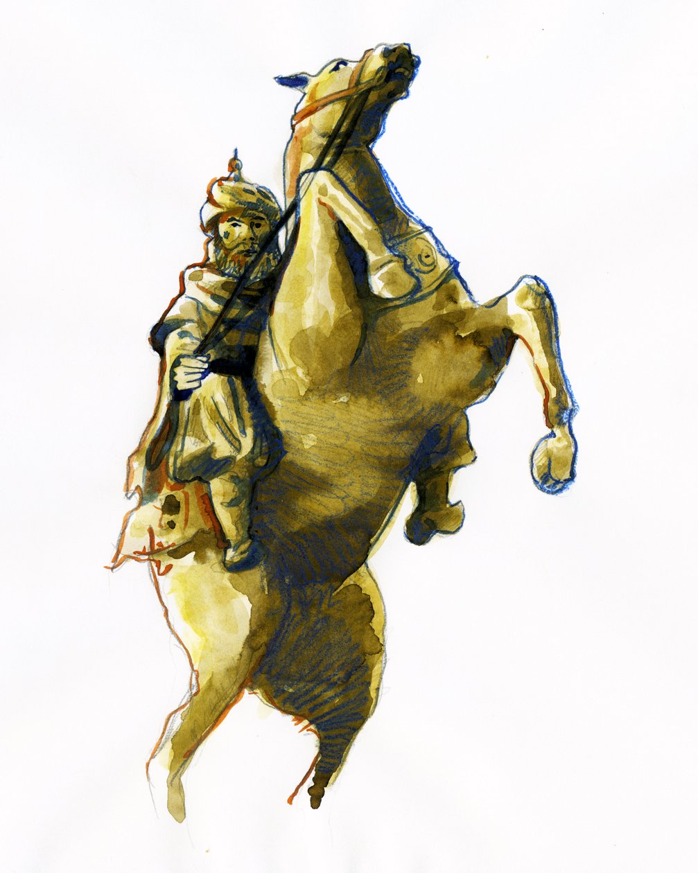 Retrato equestre de Oqba Ibn Nafi Al Fihri (622-683) General árabe enviado à cabeça das armees muçulmanas por Muawiya Ie (602-680) - (Uqba ibn Nafi ou Oqba ibn Nafi, Uqba bin Nafe, Uqba ibn al Nafia, ou Akbah General árabe) Desenho de Alessandro Lonati
