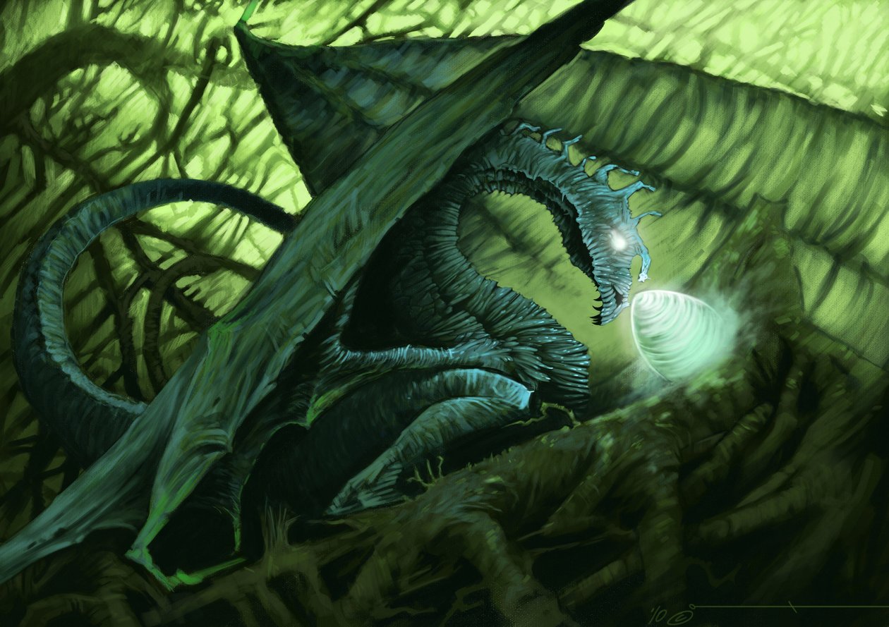 Fantástica criatura: um dragão protegendo o seu ovo. Ilustração de Alesandro Lonati. 2010 de Alessandro Lonati