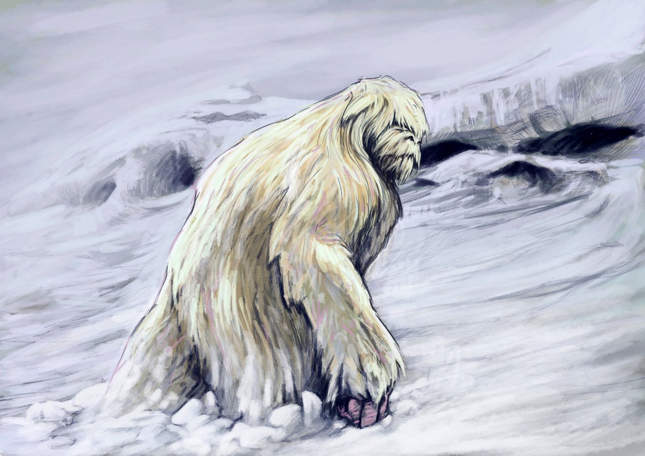 Monstros e criaturas fantásticas, criptozoologia: representação de um yeti ou "abominável boneco de neve" antropomórfico do folclore da região dos Himalaias (Yeti ou Abominável Boneco de Neve é um símio críptico dito habitar a região dos Himalaias de Ne de Alessandro Lonati