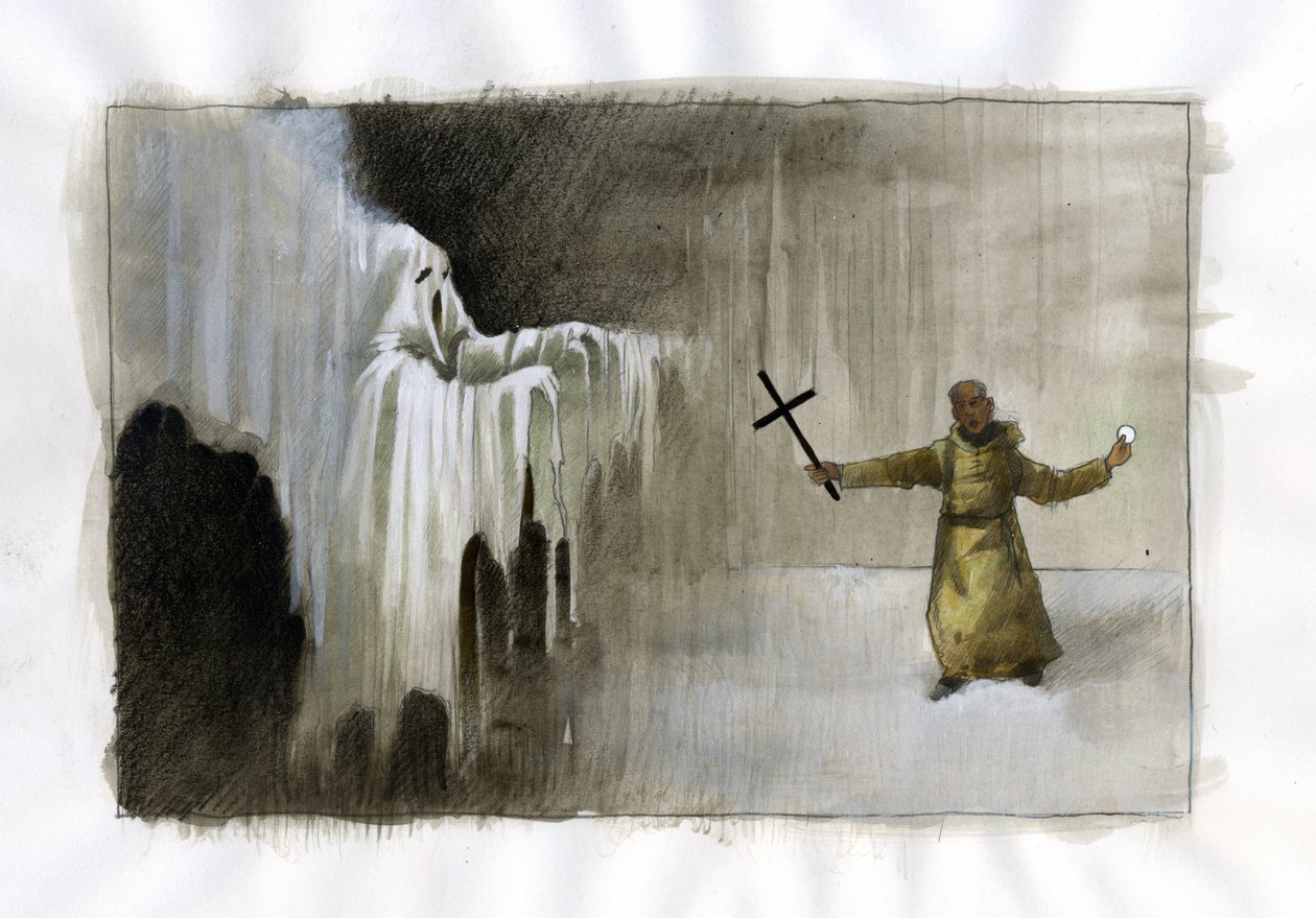 Luta entre um monge segurando um crucifixo e um fantasma Ilustração de Alessandro Lonati de Alessandro Lonati