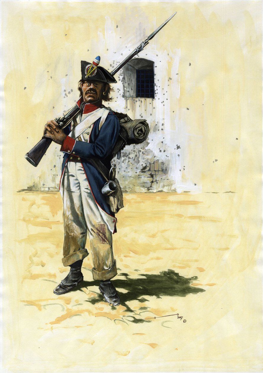 Primeiro Império (1804-1804 e 1815): soldado de infantaria e artilheiro da brigada de infantaria francesa do grande exército napoleónico num forte. Desenho de Alessandro Lonati. de Alessandro Lonati