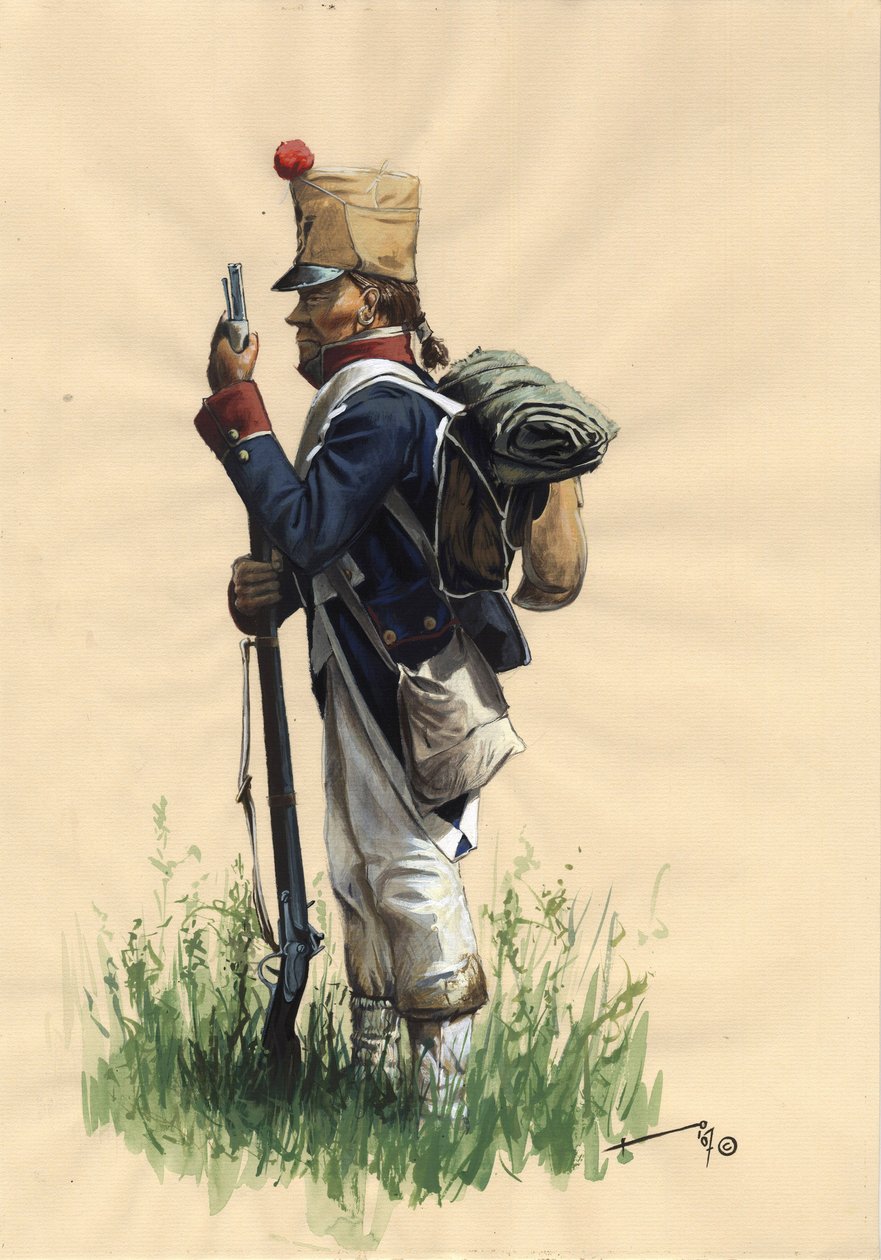 Primeiro Império (1804-1814 e 1815): Soldado de infantaria francês do grande exército napoleónico em traje de campo de Alessandro Lonati