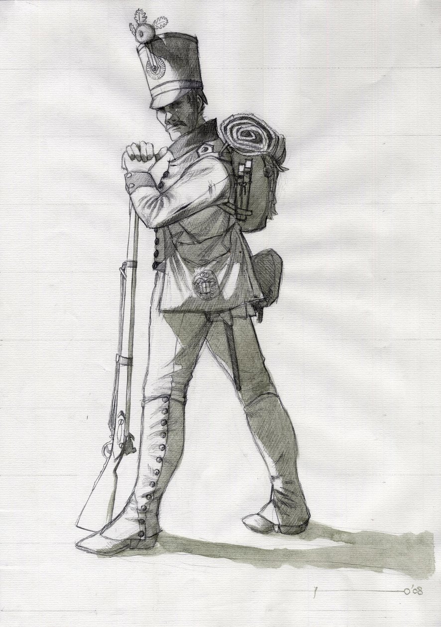 Primeiro Império (1804-1814 e 1815): fato de soldado de infantaria da linha de infantaria do exército austríaco-húngaro (Austro-Húngaro). Desenho de Alessandro Lonati de Alessandro Lonati