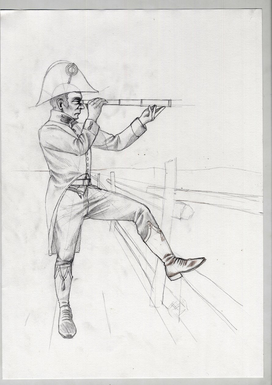 Primeiro Império (1804-1814 e 1815): soldado sénior do grande exército napoleónico francês em observação com uma visão longa (visão longa). Desenho inacabado de Alessandro Lonati. de Alessandro Lonati