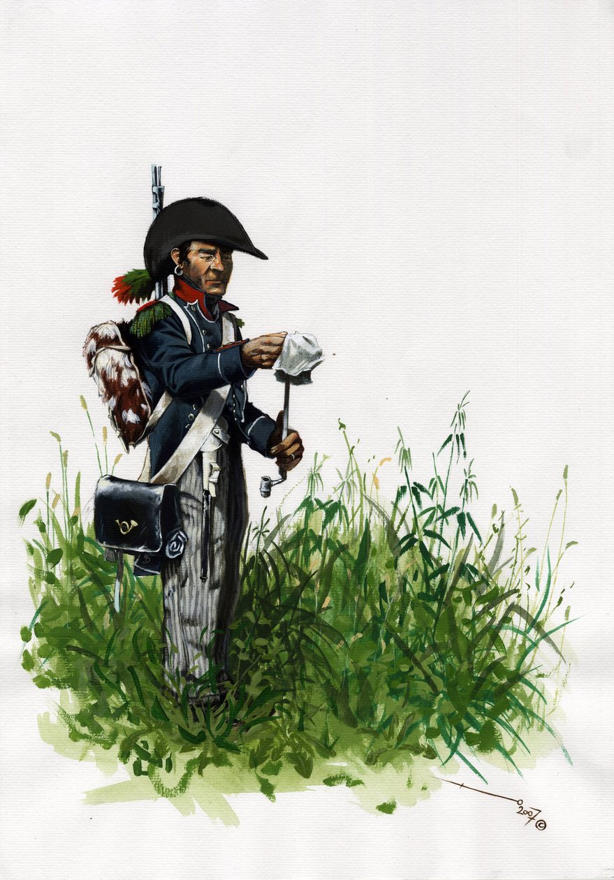 Primeiro Império (1804-1814 e 1815): soldado caçador de infantaria do grande exército napoleónico francês. Desenho de Alessandro Lonati de Alessandro Lonati
