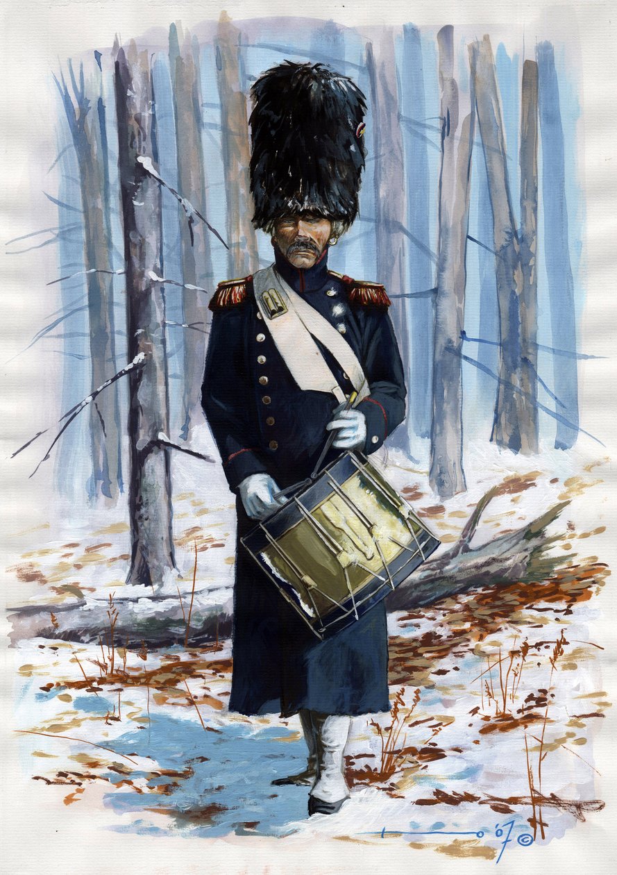 Primeiro Império (1804-1814 e 1815): soldado do grande exército napoleónico, tambor dos grenadiers da Guarda Imperial francesa em manto de Alessandro Lonati