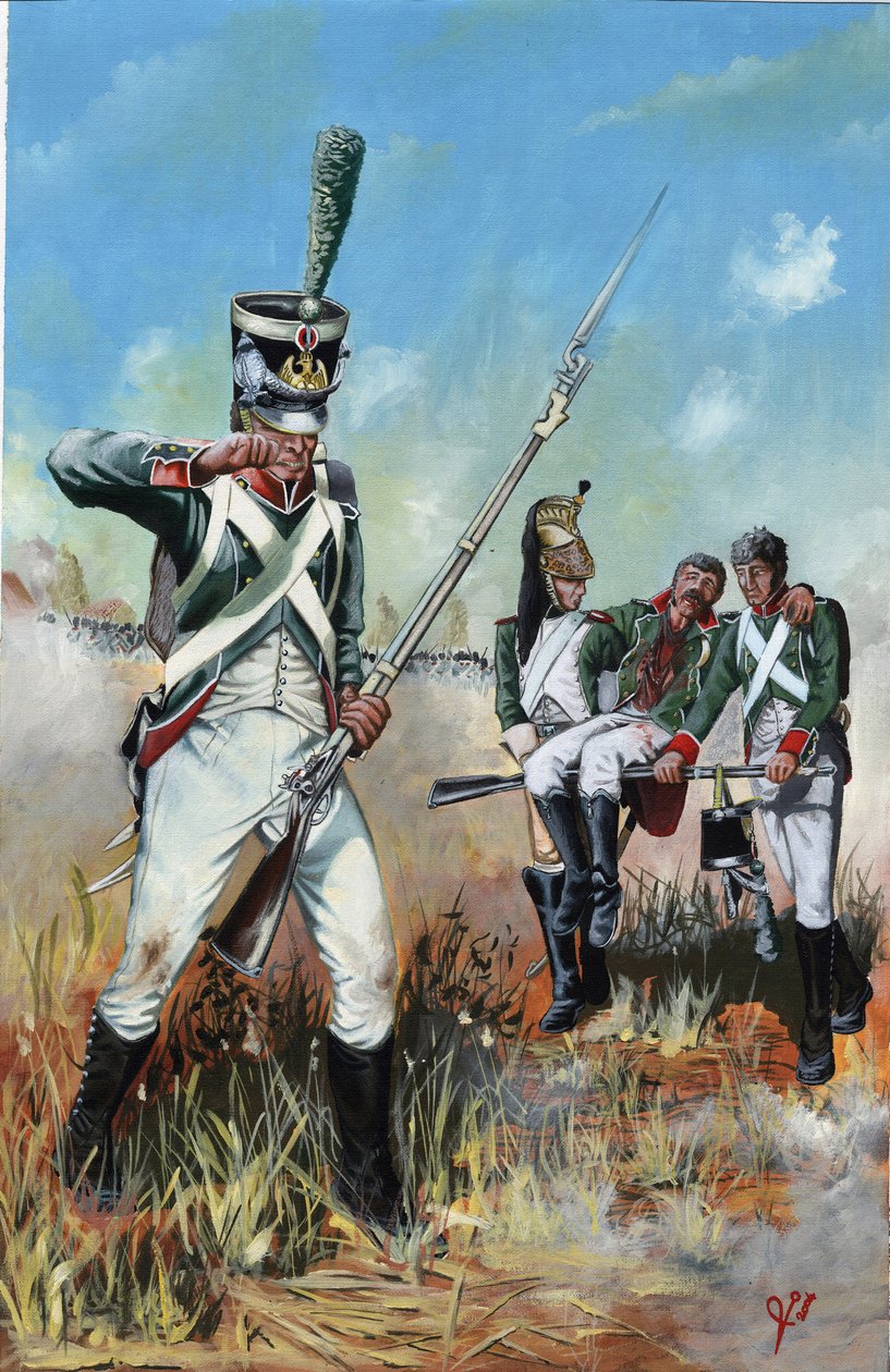 Primeiro Império (1804-1814 e 1815): soldados do grande exército napoleónico em Itália para ajudar um camarada ferido. Desenho de Alessandro Lonati de Alessandro Lonati