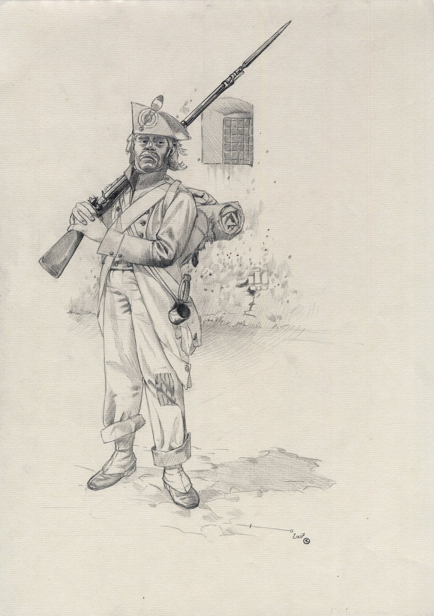 Primeiro Império (1804-1814 ou 1815): soldado do exército napoleónico, soldado de infantaria de uma brigada de cavaleiros de um forte. Desenho de Alessandro Lonati de Alessandro Lonati