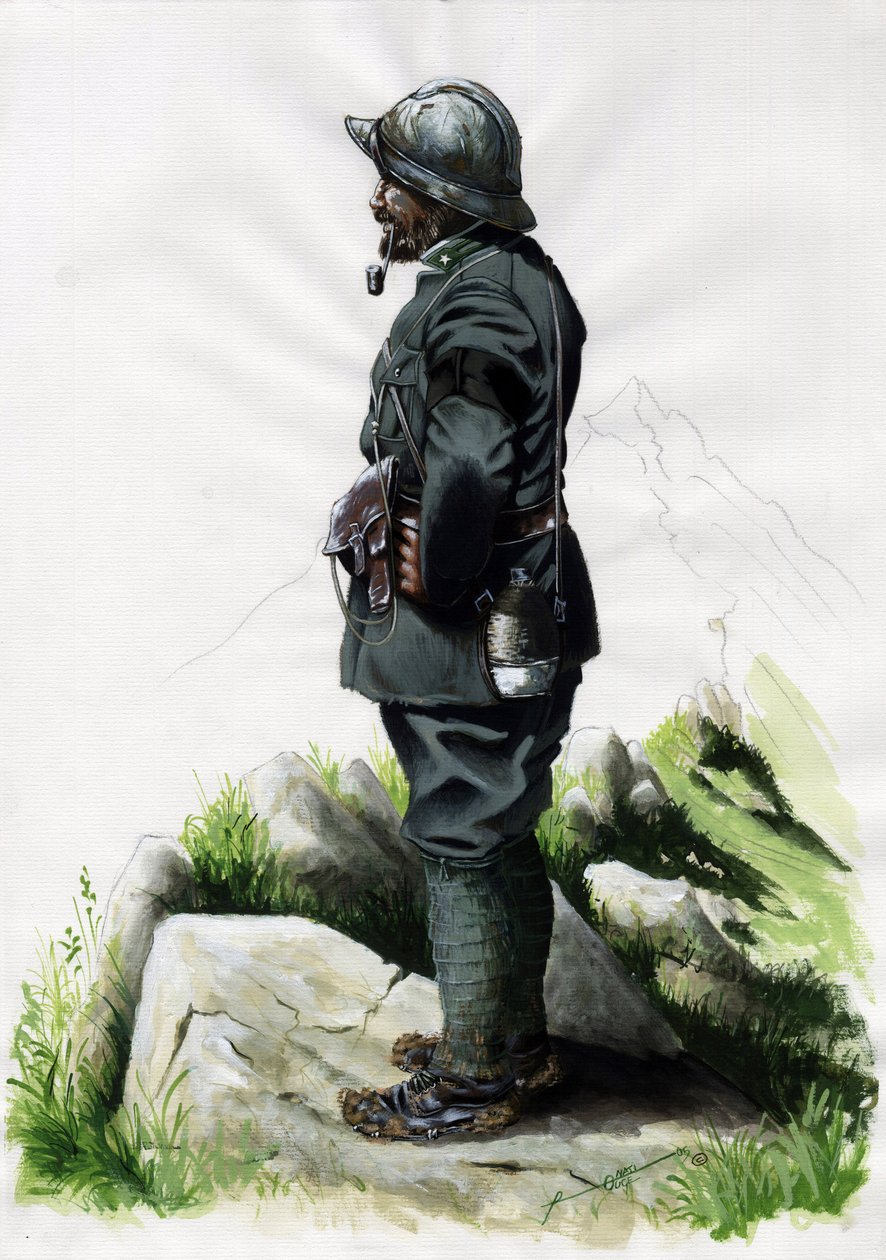 Primeira Guerra Mundial 1914-1918: Oficial caçador alpino (caçador alpino) do exército italiano na Frente dos Alpes. Desenho de Alessandro Lonati de Alessandro Lonati