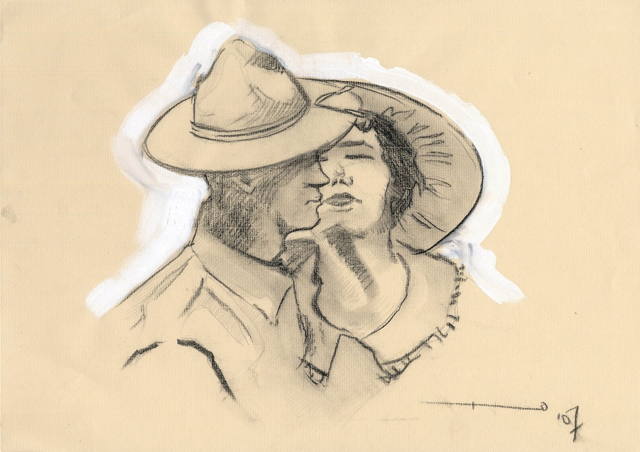 Primeira Guerra Mundial 1914-1918: IG ou IG do exército americano deixou a sua noiva para ir para a batalha. Desenho de Alessandro Lonati de Alessandro Lonati