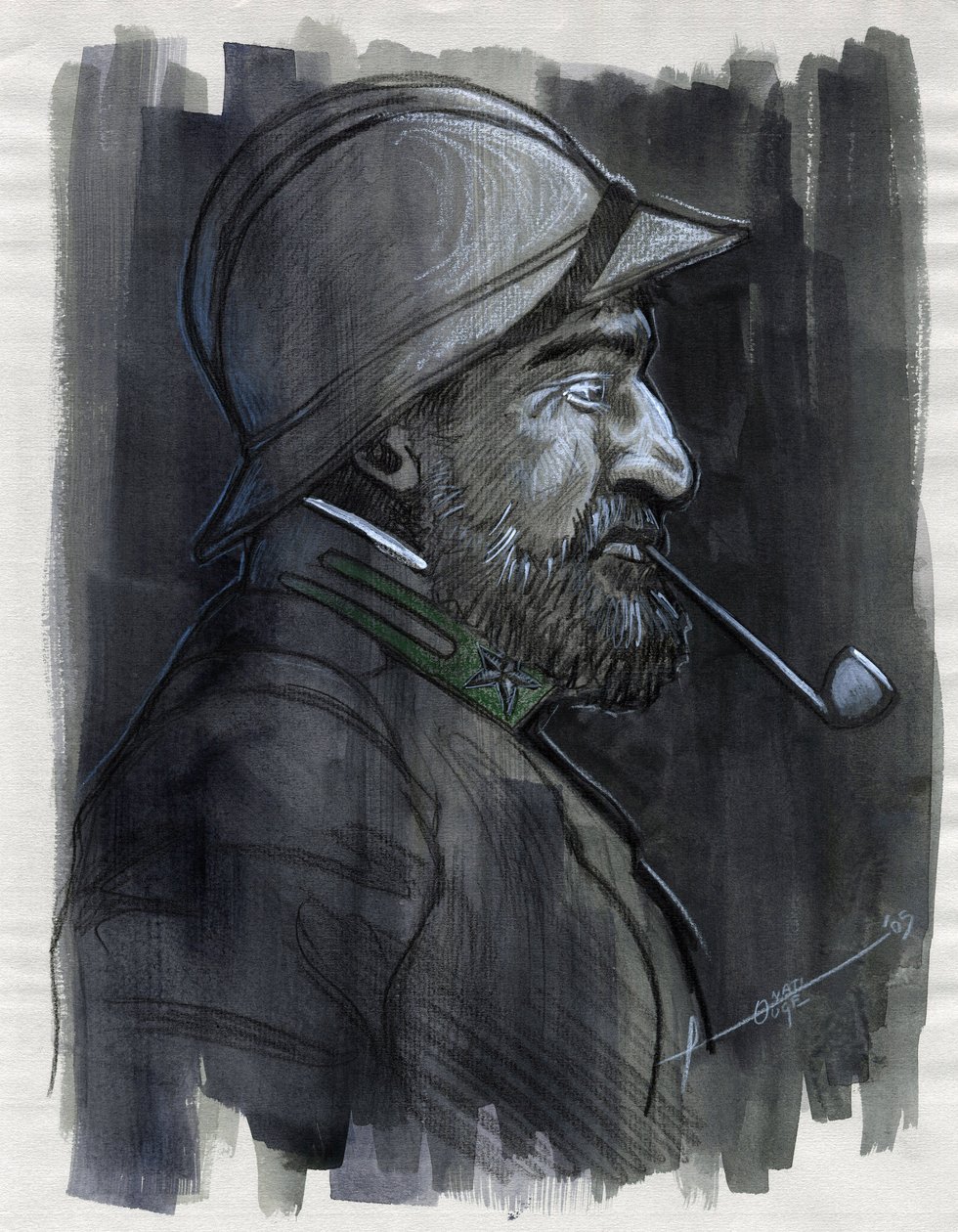 Primeira Guerra Mundial 1914-1918: Retrato de perfil de um soldado do exército italiano fumando o cachimbo em 1915. Desenho de Alessandro Lonati de Alessandro Lonati