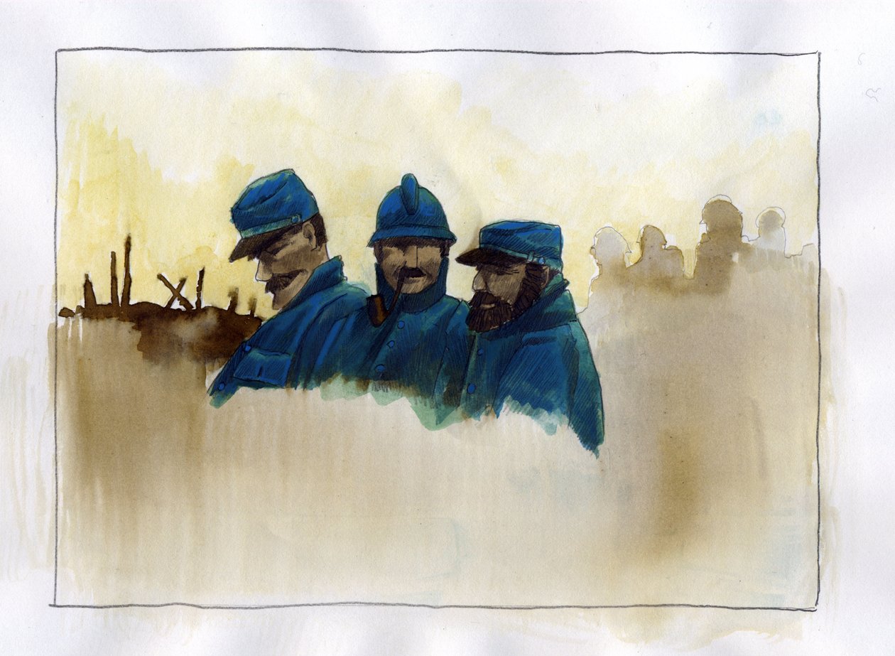 Primeira Guerra Mundial: soldados franceses durante a I Guerra Mundial Desenho a cores de Alessandro Lonati de Alessandro Lonati
