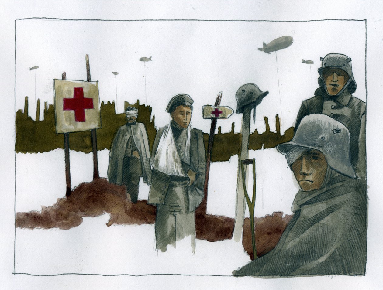 Primeira Guerra Mundial: Casseiros de Gules e feridos de guerra no posto de salvamento da Cruz Vermelha - 1914-1918 Ilustração de Alessandro Lonati de Alessandro Lonati