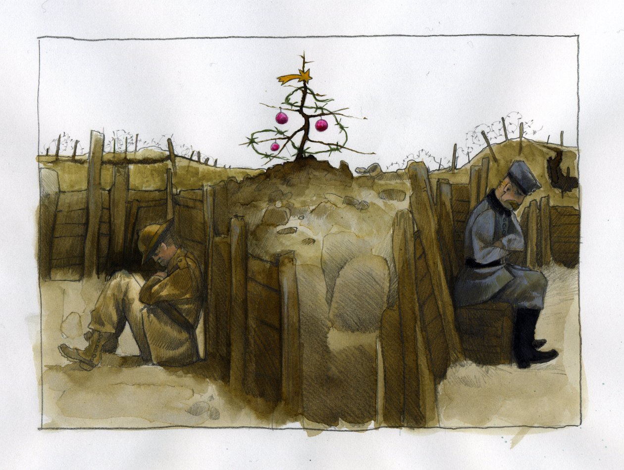 Primeira Guerra Mundial: a solidão de dois soldados inimigos, britânicos (esquerda) e alemães na trincheira, na época do Natal de 1914-1918 Ilustração de Alessandro Lonati de Alessandro Lonati
